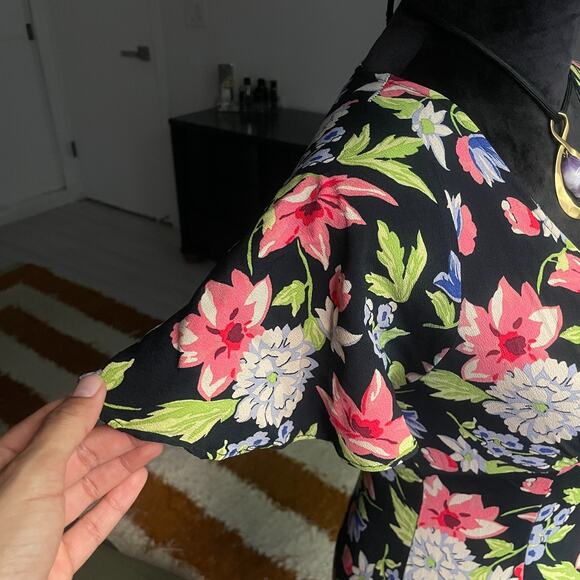 Vintage Betsey Johnson Size Medium Y2K 1990's Floral Mini Dress Black V Neck - Picture 10 of 10